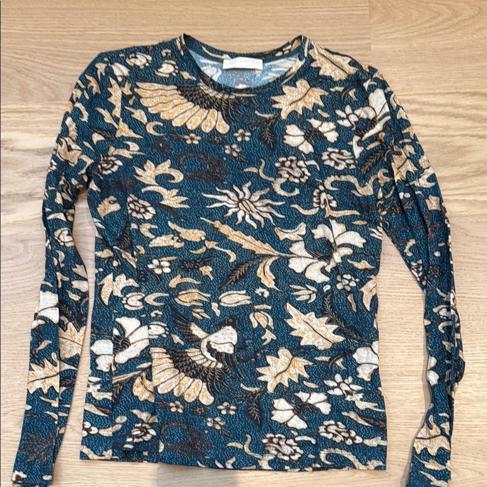 Fitted Green and Blue Long Sleeve Blouse with Crew Neck
